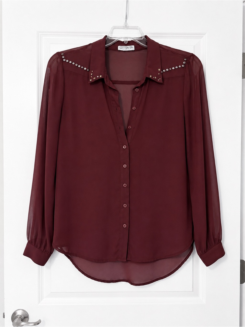 Cotton On Burgundy Long-Sleeve Stud Collar Button-Front Blouse